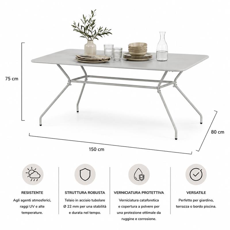 Tavolo da giardino rettangolare in acciaio grigio 150x80 cm - Aura