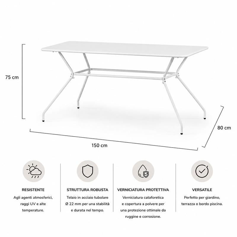 Tavolo da giardino rettangolare in acciaio bianco 150x80 cm - Aura
