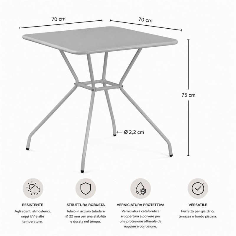 Tavolino da giardino quadrato in acciaio grey 70x70 cm - Aura