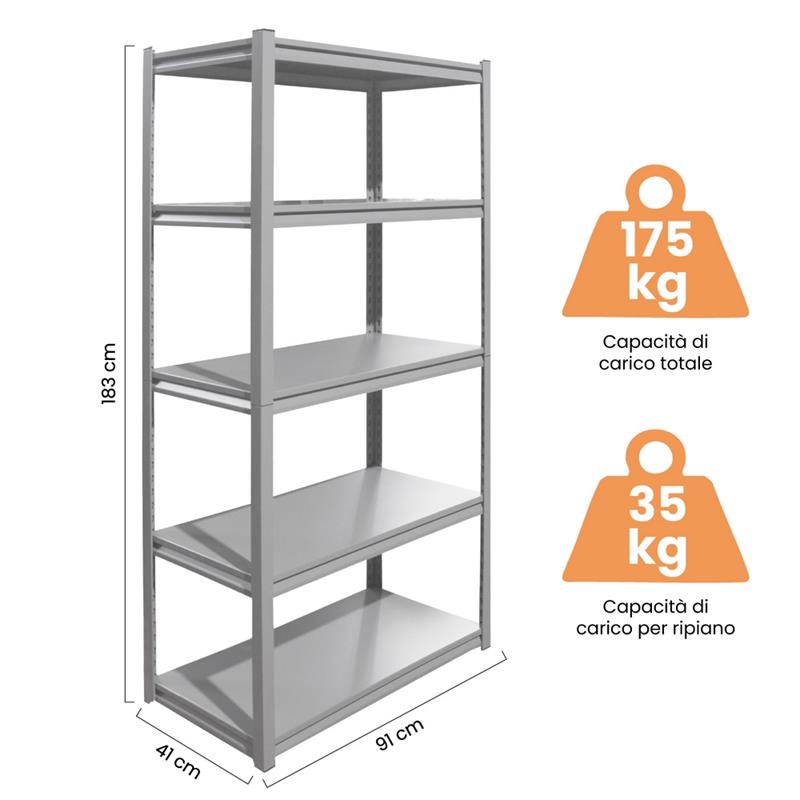 SCAFFALE METALLICO 5 RIPIANI GRIGIO 91X41X183
