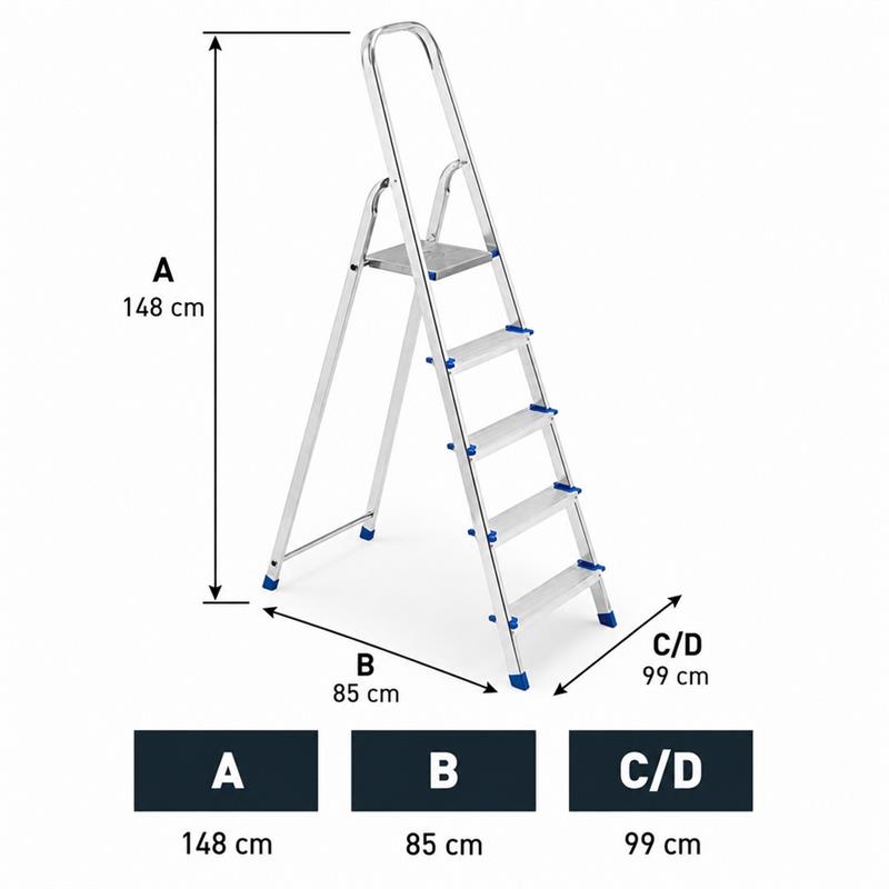 Scala in alluminio 5 gradini antiscivolo con corrimano largo 60 cm