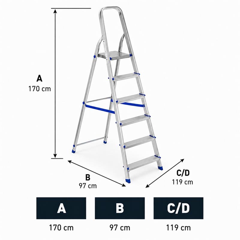 Scala in alluminio 6 gradini antiscivolo con corrimano largo 60 cm