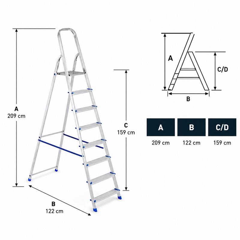 Scala in alluminio 8 gradini antiscivolo con corrimano largo 60 cm