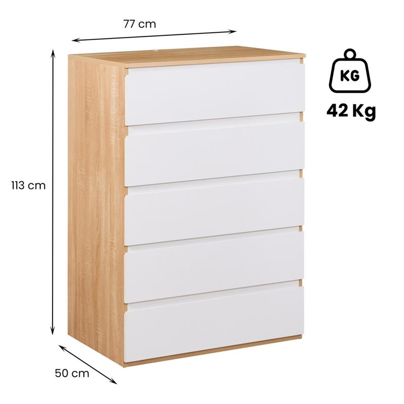 Cassettiera 5 cassetti bianco rovere 76,8x50x113 arredo camera - Vale