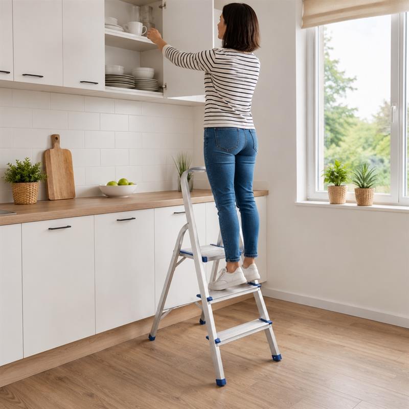 Scala sgabello alluminio anodizzato 3 gradini antiscivolo corrimano 60cm