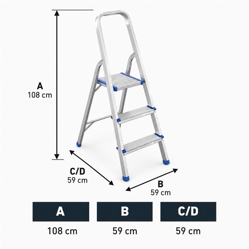 Scala sgabello alluminio anodizzato 3 gradini antiscivolo corrimano 60cm