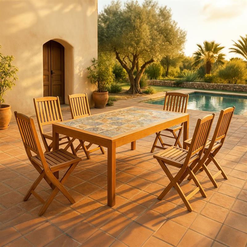TAVOLO SORRENTO ACACIA SBIANCATA PIANO PIASTRELLE 201X100X75