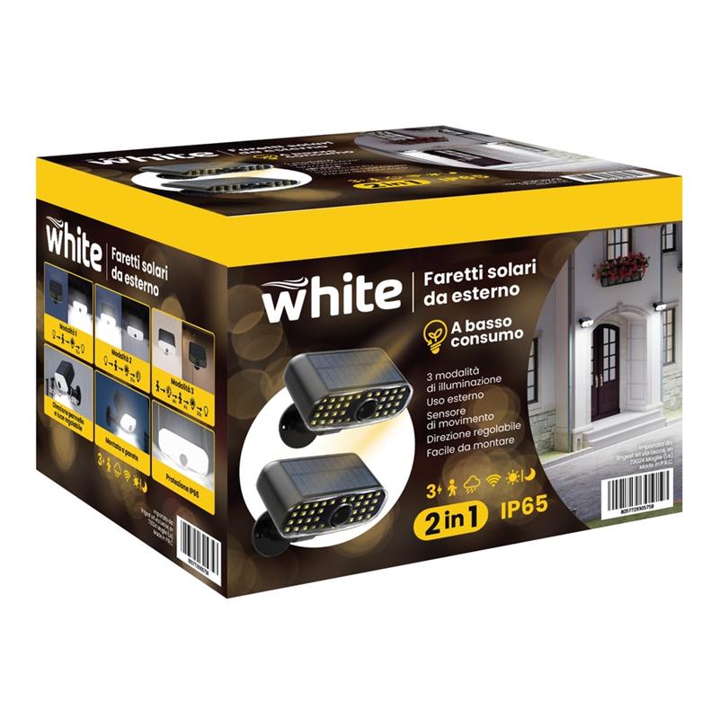 Faretto solare esterno con sensore di movimento 36 LED 2 pezzi Plastica - White