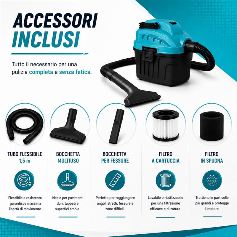 Aspiratore portatile 600W 6L compatto con filtro a cartuccia 15kPa