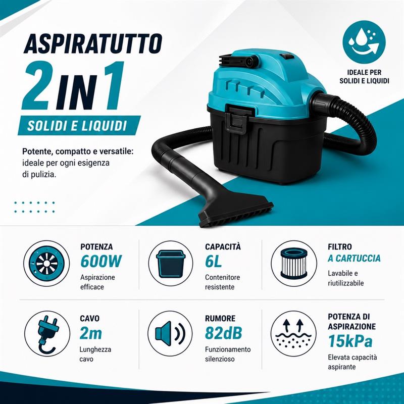Aspiratore portatile 600W 6L compatto con filtro a cartuccia 15kPa