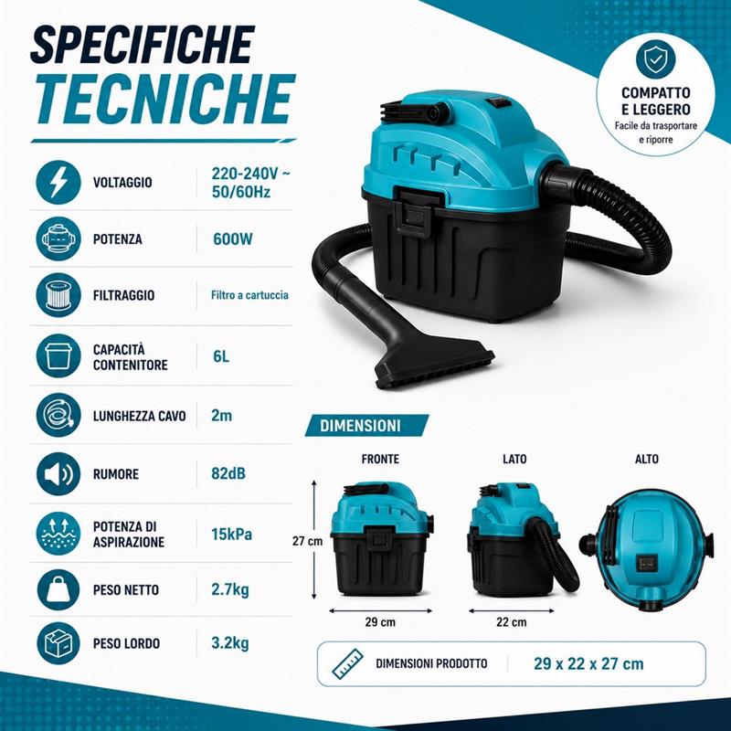 Aspiratore portatile 600W 6L compatto con filtro a cartuccia 15kPa