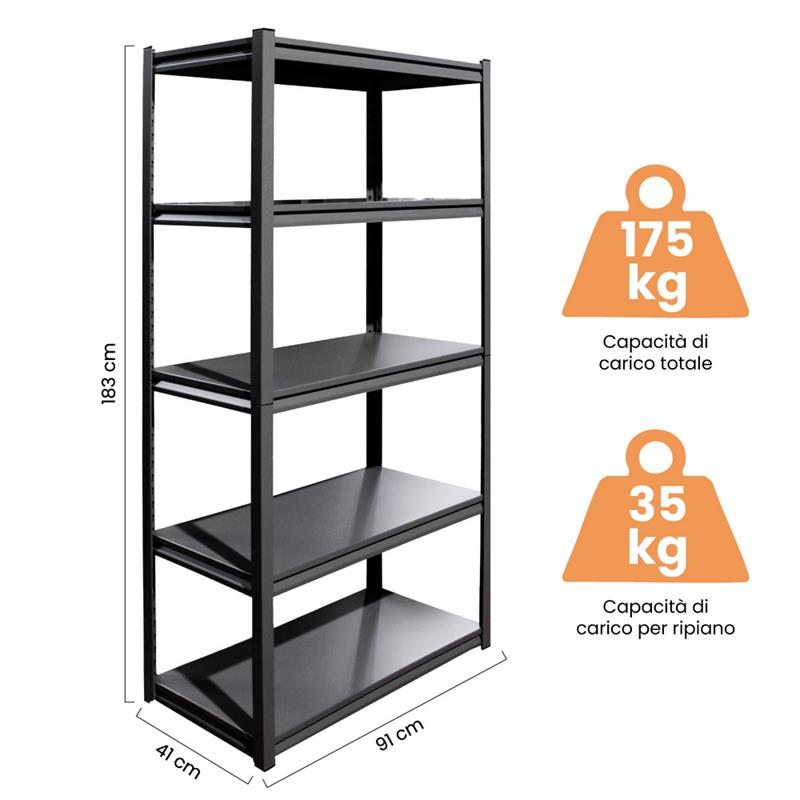 SCAFFALE METALLICO 5 RIPIANI NERO 91X41X183
