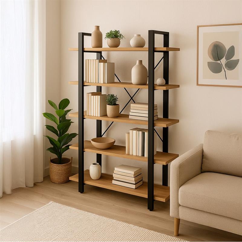 ACHILLE LIBRERIA 5/RIPIANI ACACIA METALLO NERO 102X34X180CM