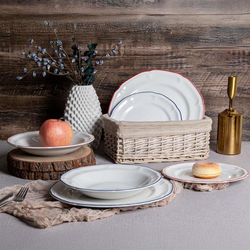SET GRACE 18 PIATTI IN PORCELLANA BIANCA CON BORDO ROSSO