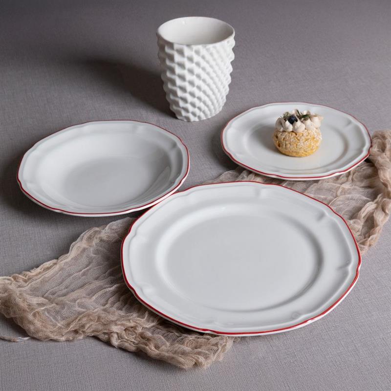 SET GRACE 18 PIATTI IN PORCELLANA BIANCA CON BORDO ROSSO