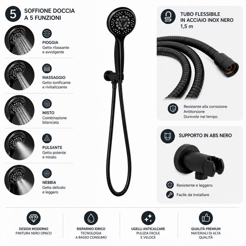 Set doccia nero opaco: doccetta flessibile e supporto a muro