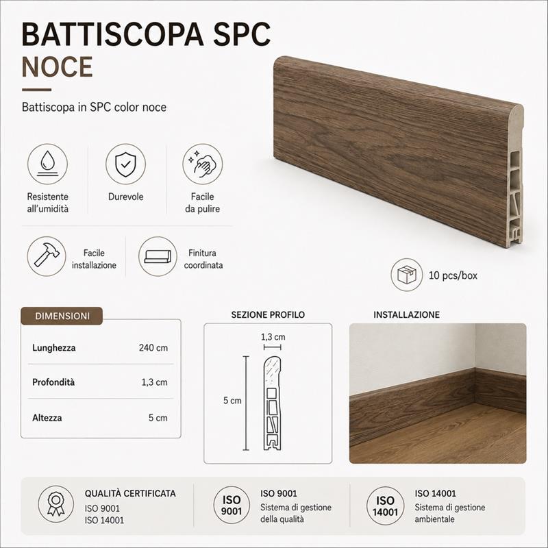 Battiscopa impermeabile 240x1,3x5 cm colore noce SPC