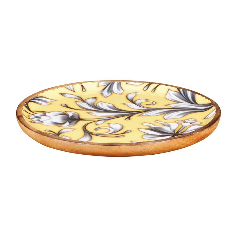 PIATTO IN LEGNO DI MANGO   CON  INTERNO GIALLO CON DECORO A