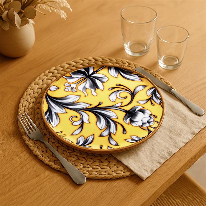 PIATTO IN LEGNO DI MANGO   CON  INTERNO GIALLO CON DECORO A