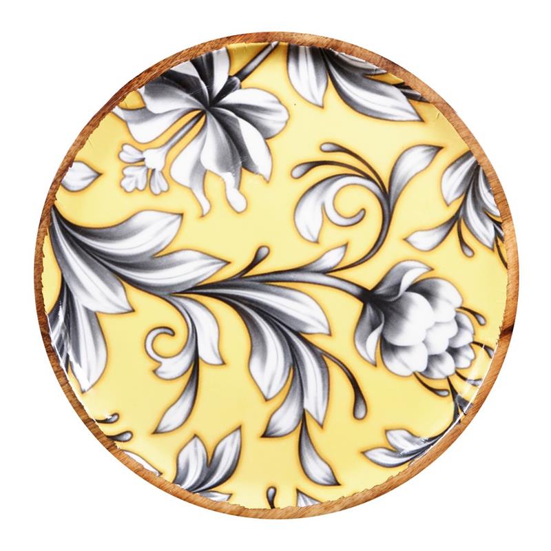 PIATTO IN LEGNO DI MANGO   CON  INTERNO GIALLO CON DECORO A