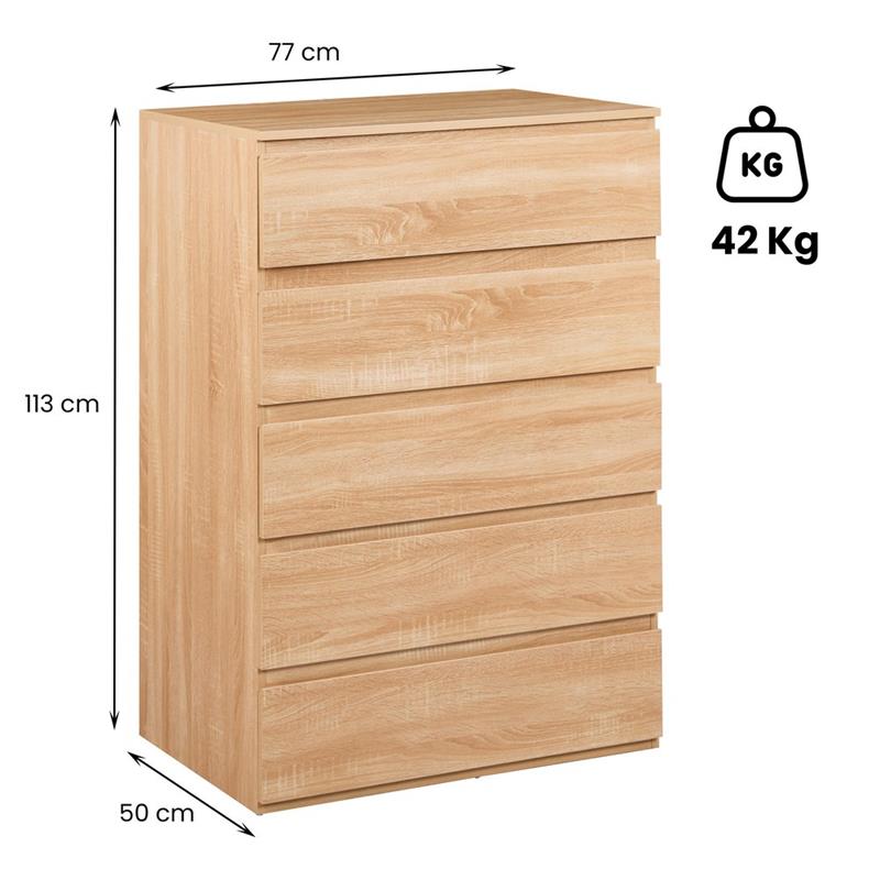 Cassettiera 5 cassetti rovere naturale 77x50x113 - Vale