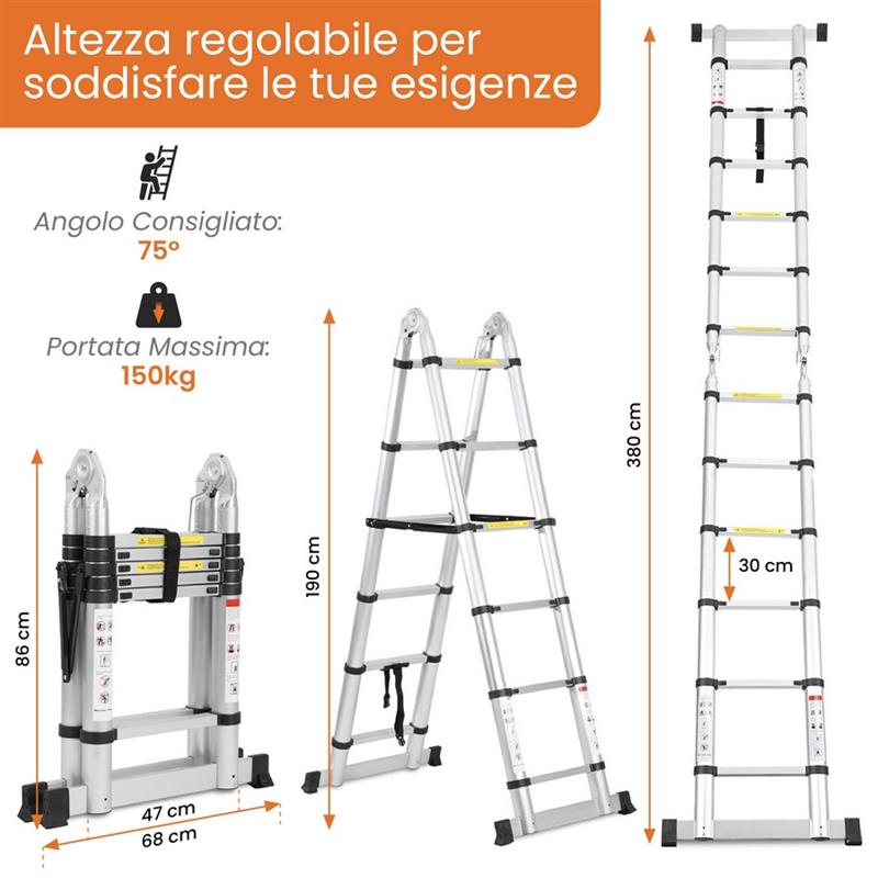 SCALA TELESCOPICA  PIEGHEVOLE ALLUMINIO 3.8M
