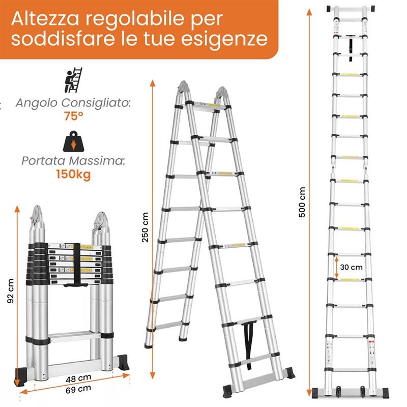 SCALA TELESCOPICA  PIEGHEVOLE ALLUMINIO 5M