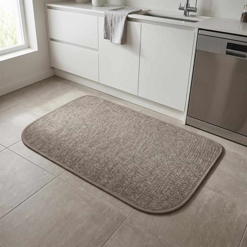 Tappeto antiscivolo beige stondato 50x80 effetto lino