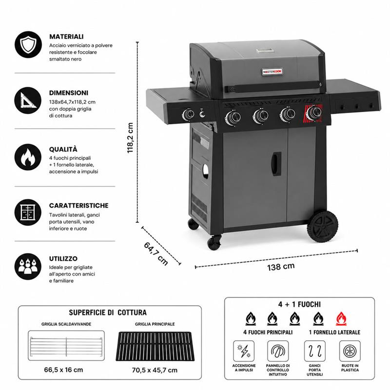 Barbecue a gas con 4 bruciatori e fornello laterale Bully Acciaio