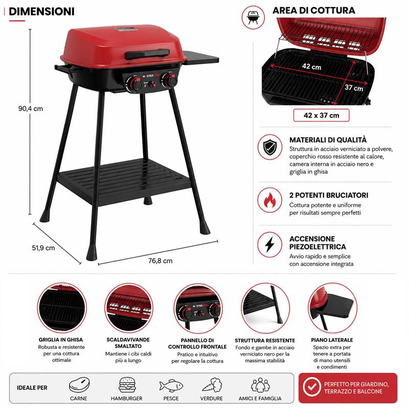 Barbecue a gas con 2 bruciatori e coperchio rosso Pop Acciaio