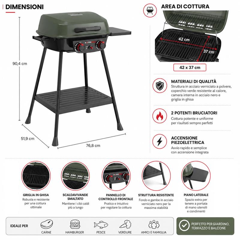 Barbecue a gas con 2 bruciatori e coperchio verde Pop Acciaio