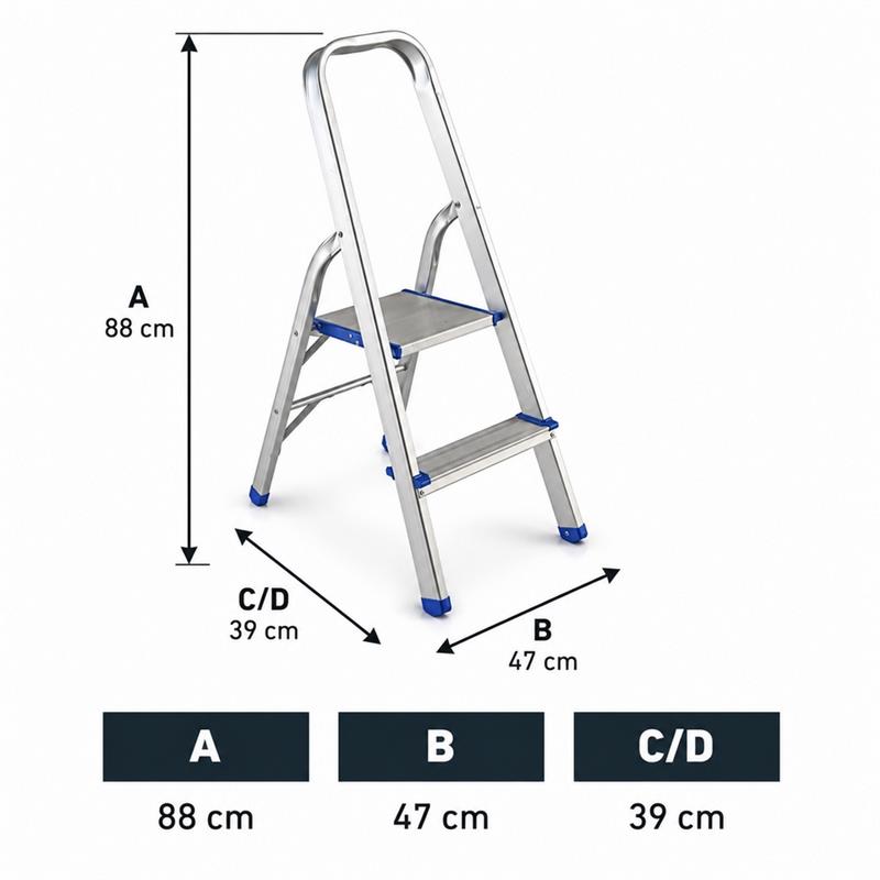 Scala sgabello in  alluminio 2 gradini antiscivolo con Corrimano largo 60 cm
