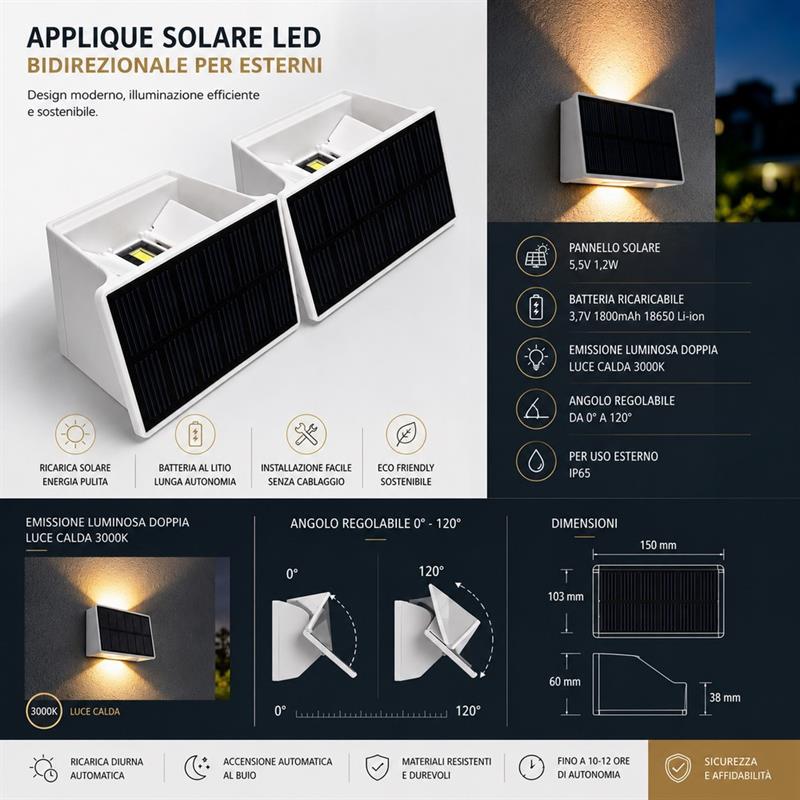 APPLIQUE LED SOLARE BIDIREZIONALE BIANCA