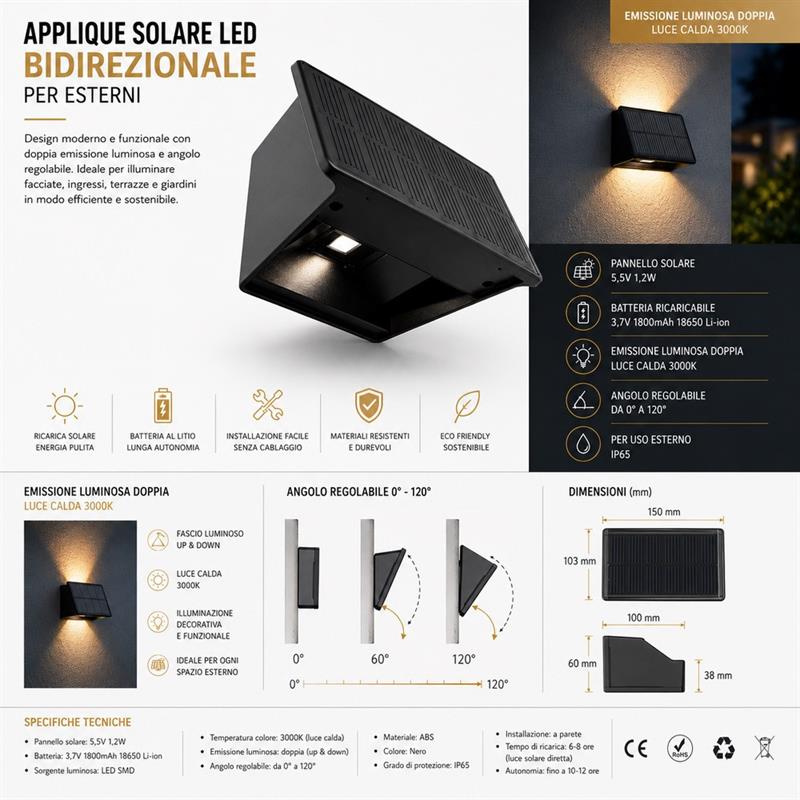 APPLIQUE LED SOLARE BIDIREZIONALE NERA