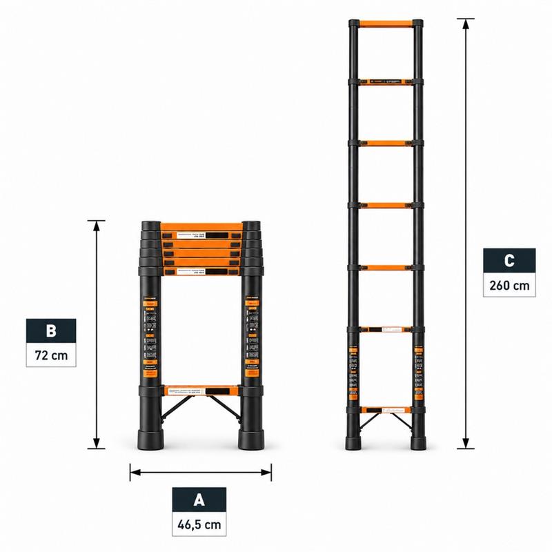 Scala telescopica singola nera in alluminio 2,6 m portata 150 kg