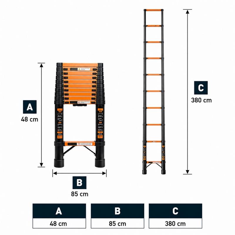 Scala telescopica singola nera in alluminio 3,8 m portata 150 kg