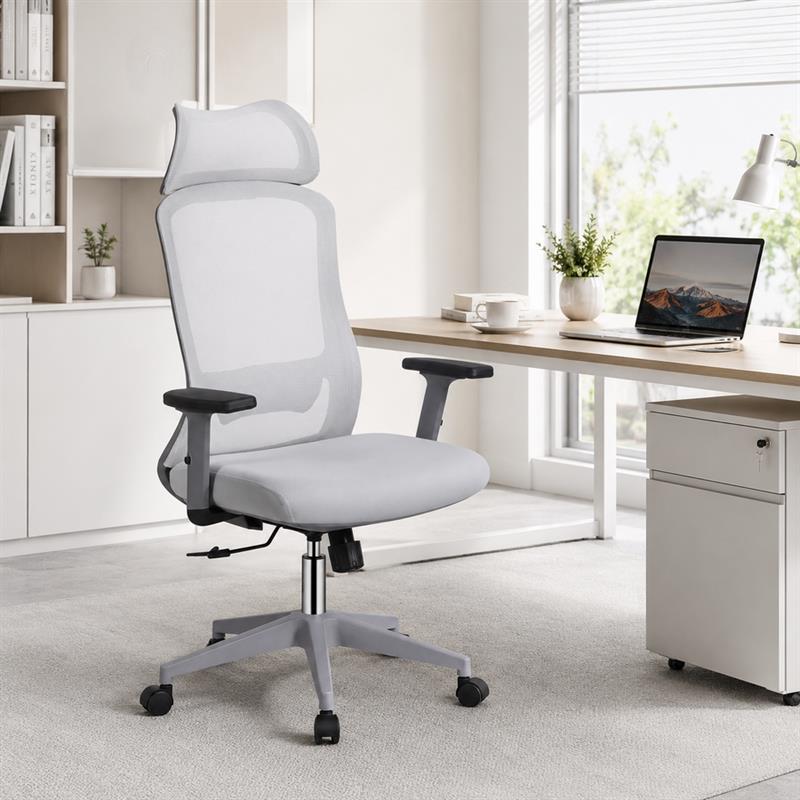 Sedia ufficio ergonomica in rete grigio chiaro con poggiatesta - Jeff