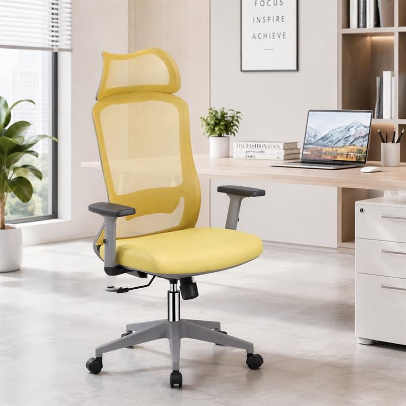 Sedia ufficio ergonomica in rete senape con poggiatesta - Jeff