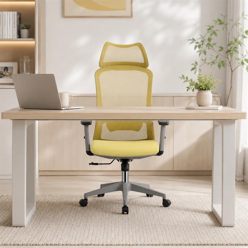 Sedia ufficio ergonomica in rete senape con poggiatesta - Jeff