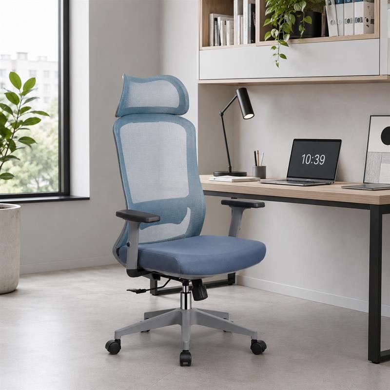 Sedia ufficio ergonomica in rete blu con poggiatesta - Jeff
