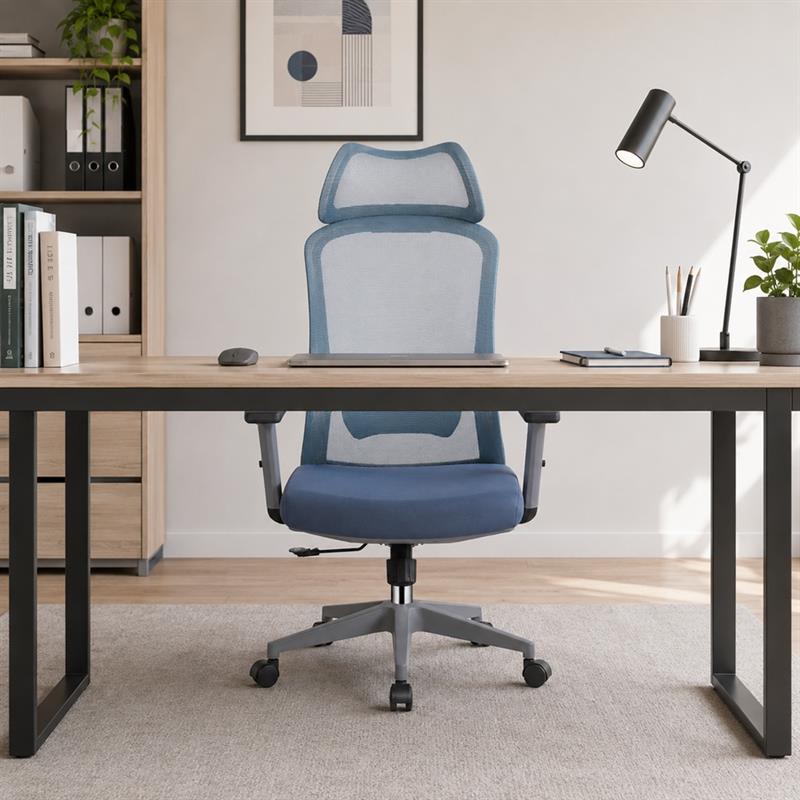Sedia ufficio ergonomica in rete blu con poggiatesta - Jeff