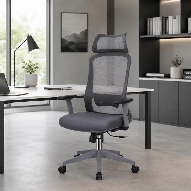 Sedia ufficio ergonomica in rete grigio scuro con poggiatesta - Jeff