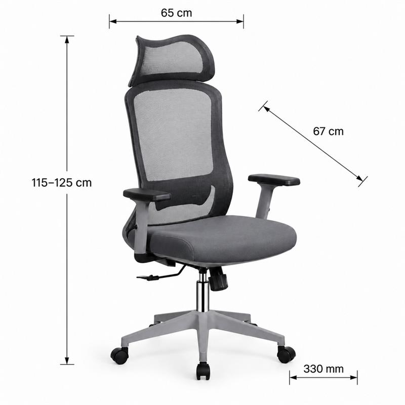Sedia ufficio ergonomica in rete grigio scuro con poggiatesta - Jeff