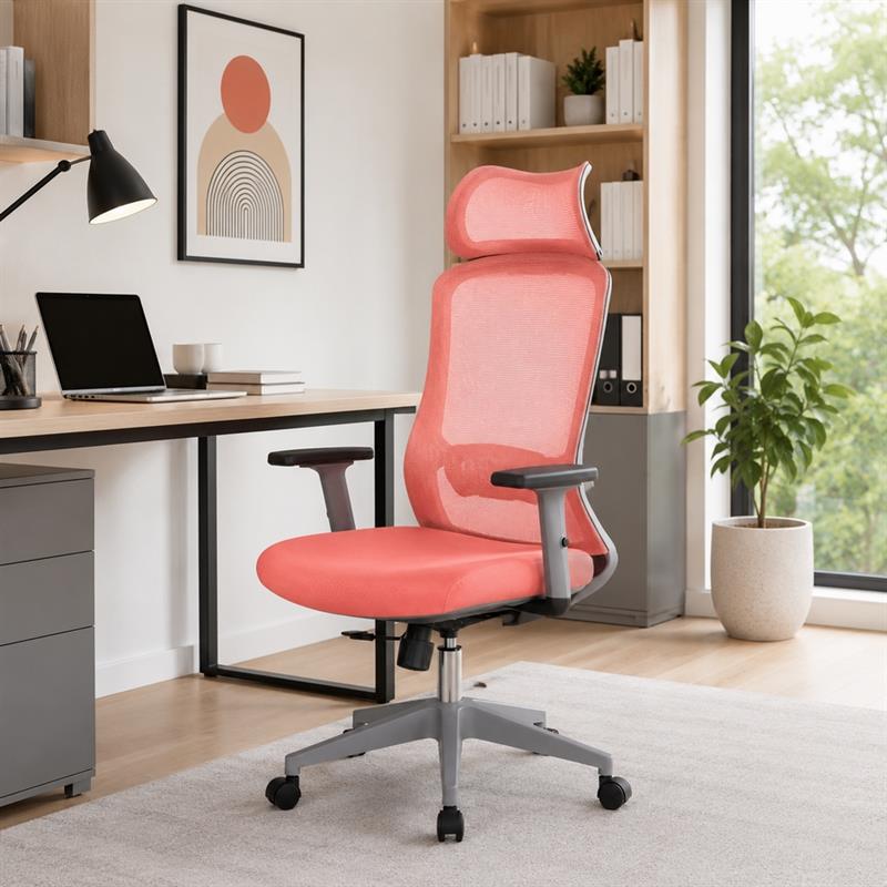 Sedia ufficio ergonomica in rete rossa con poggiatesta - Jeff