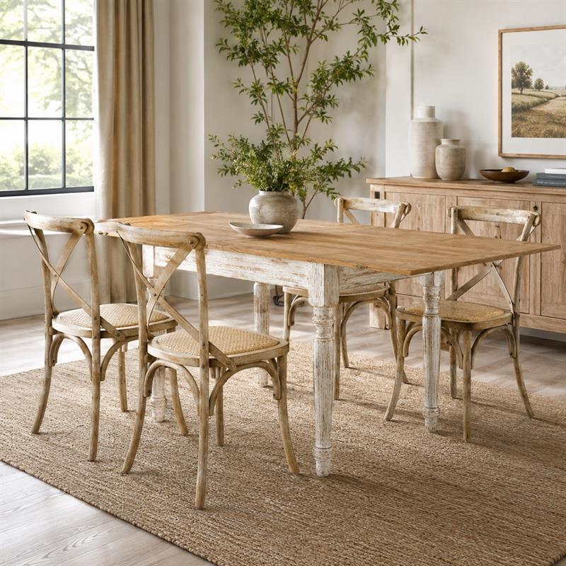 Tavolo estensibile in legno di mango bianco decapato 90-180x90x77 cm Salento