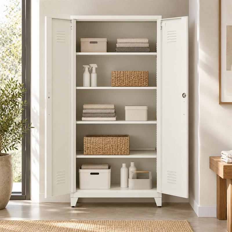 Armadio metallico bianco 2 ante battenti 5 ripiani 85x45x190cm