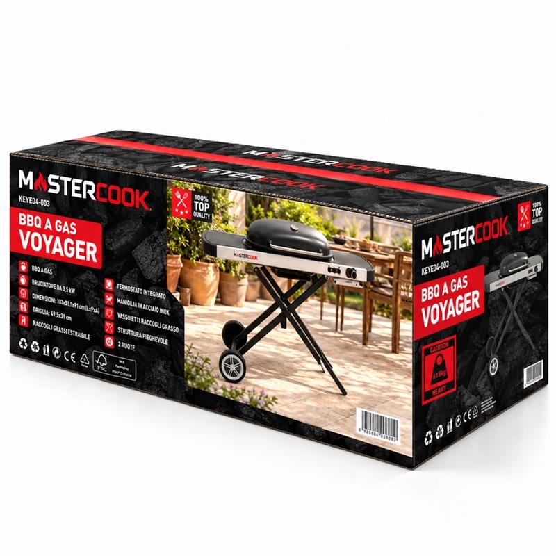 Barbecue a gas pieghevole nero 4 kW con 2 tavolini laterali Voyager